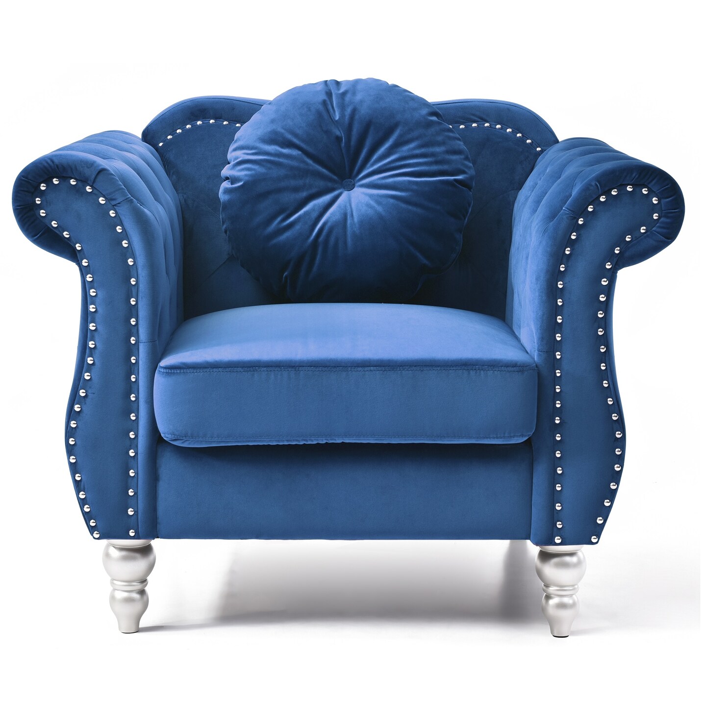 Contemporary Home Living Solid Velvet Tufted Accent Chair with Round Pillow - 39&#x22; - Blue