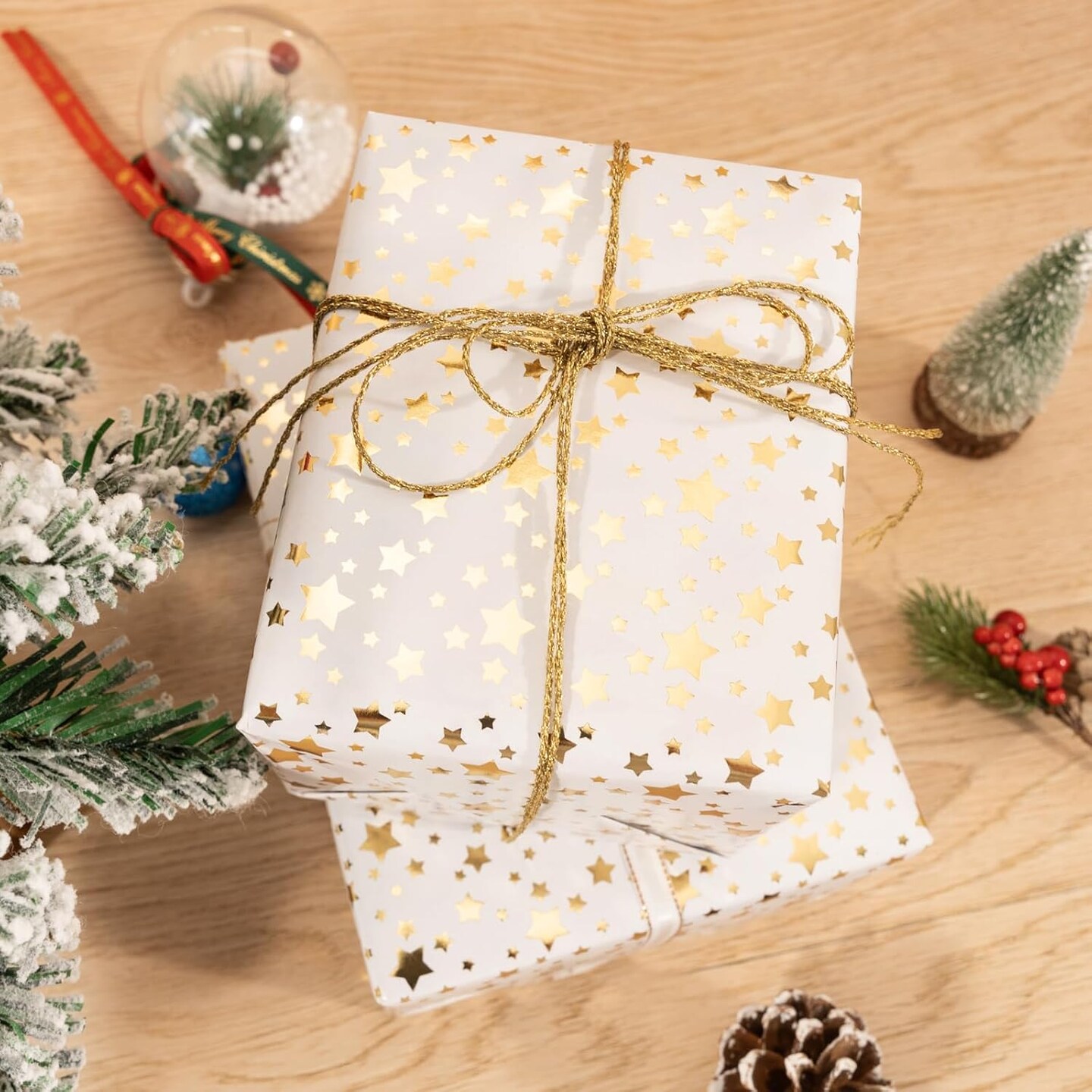 Christmas Wrapping Paper, Gold Foil Star Wrapping Paper Roll, White Gold Wrapping Paper, Gift Wrapping Paper Roll for Christmas, Wedding, Birthday, Party, Baby Shower (17 inch X 32.8 ft)