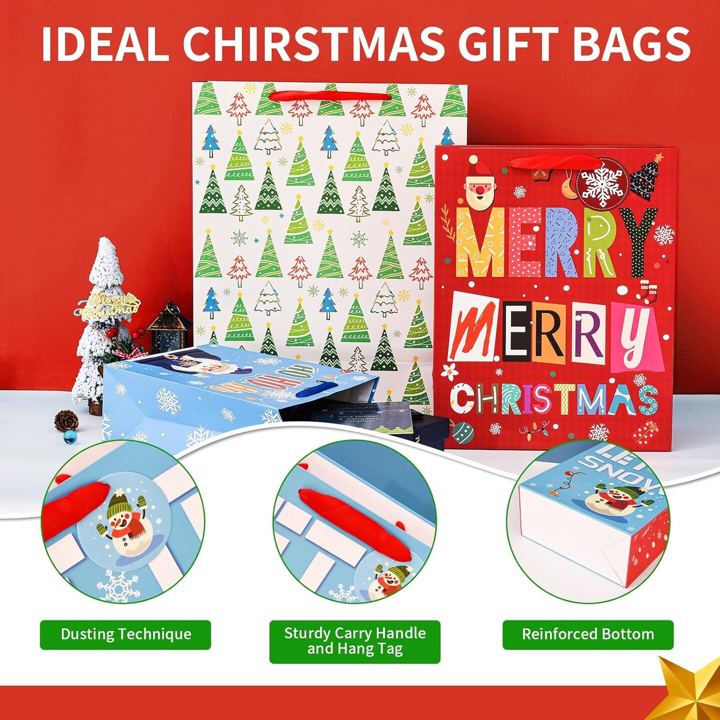 12 Pack Christmas Gift Bags with Carrying Handles and Tissue Paper - 6 Styles, 3 Different Sizes Gift Bag Sets for Wrapping Christmas Gifts (4 Extra-Large, 4 Large, and 4 Medium)