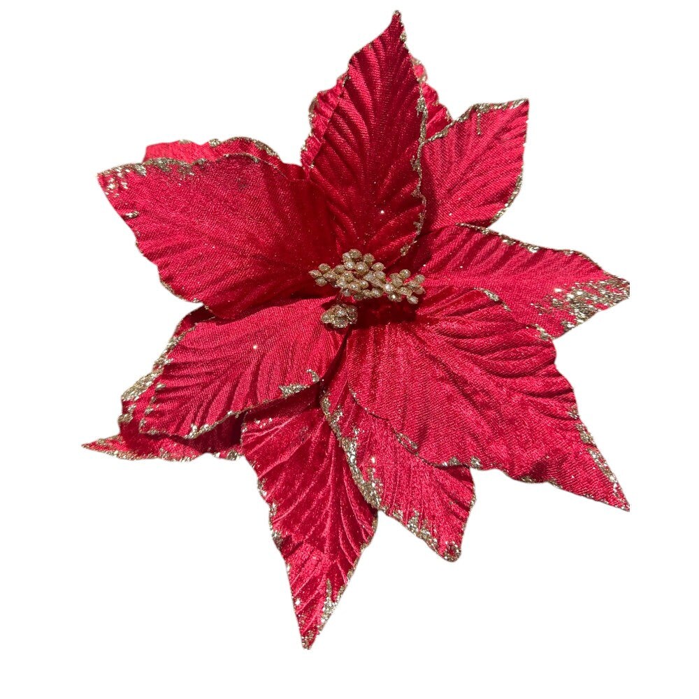 10" Red Poinsettia with Gold Accents - Luxurious Holiday Floral Pick