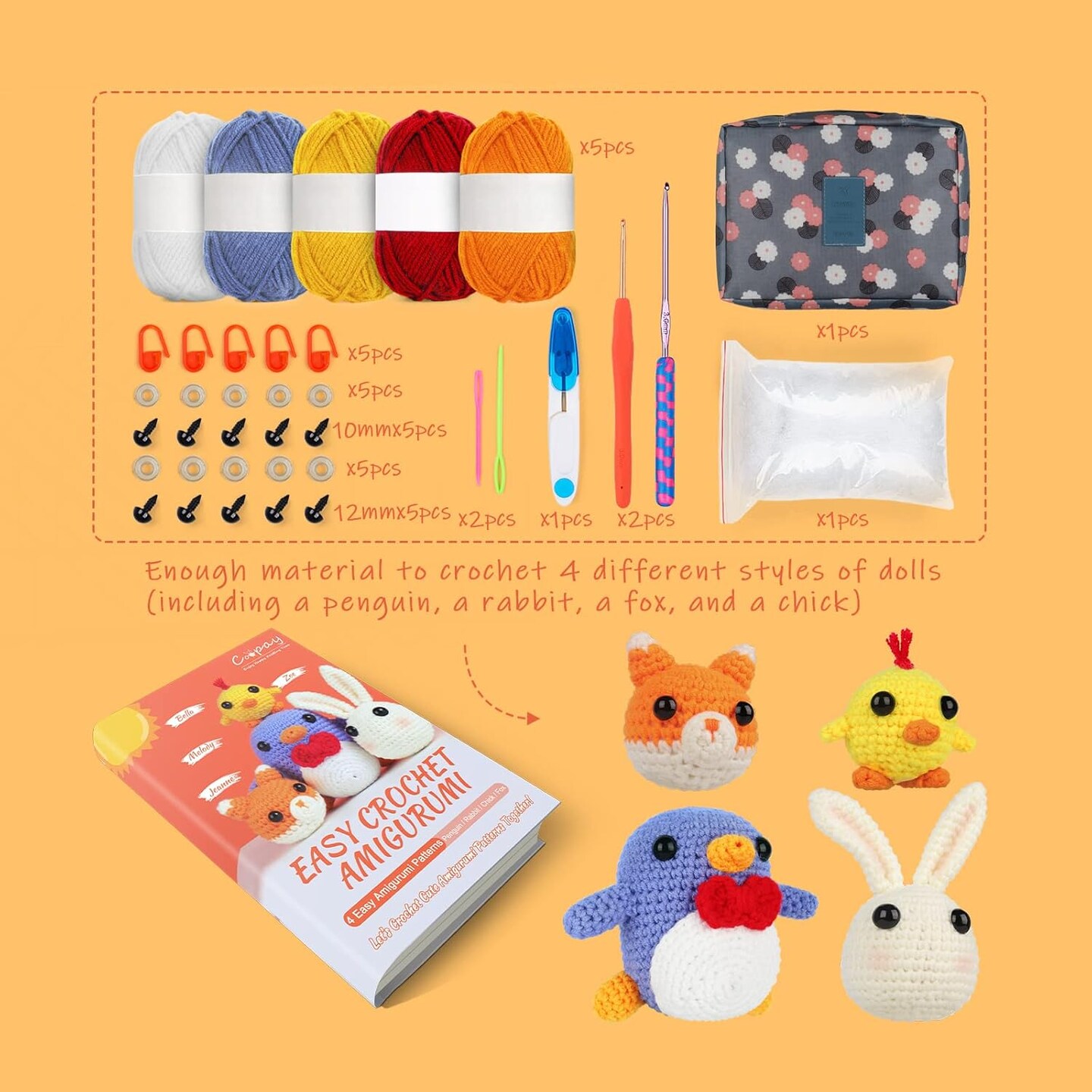 Crochet Kit for Beginners Kids Adults - Cute Penguin, Chicken, Rabbit &#x26; Fox, Complete Crochet Set with 4 Different Crochet Patterns, DIY Amigurumi Kit Crochet Animal Kit with Case &#x26; Instruction