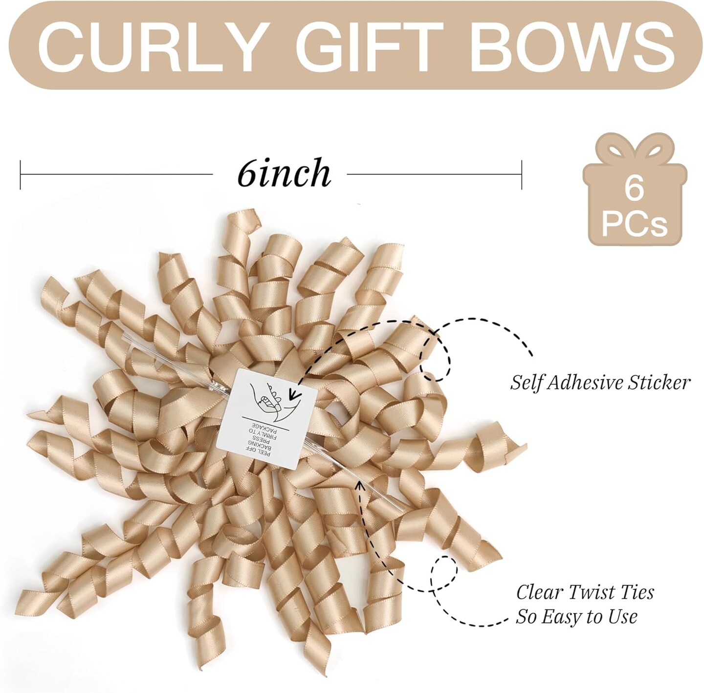 6 Inch Champagne Curly Bows for Gift Wrapping Set of 6, Self Adhesive Bows Champagne Gold Gift Bows for Presents, Satin Ribbon Bows for Birthday, Wedding, Christmas, Bridal Shower
