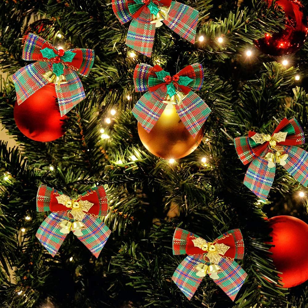 12 Pack Christmas Red Green Plaid Tree Bows, Linen Bowknot Wreath Bow with Jingle Bells for Christmas Garland Tree, Crafts, Wrapping, Wreath Xmas Hanging Ornaments Decor