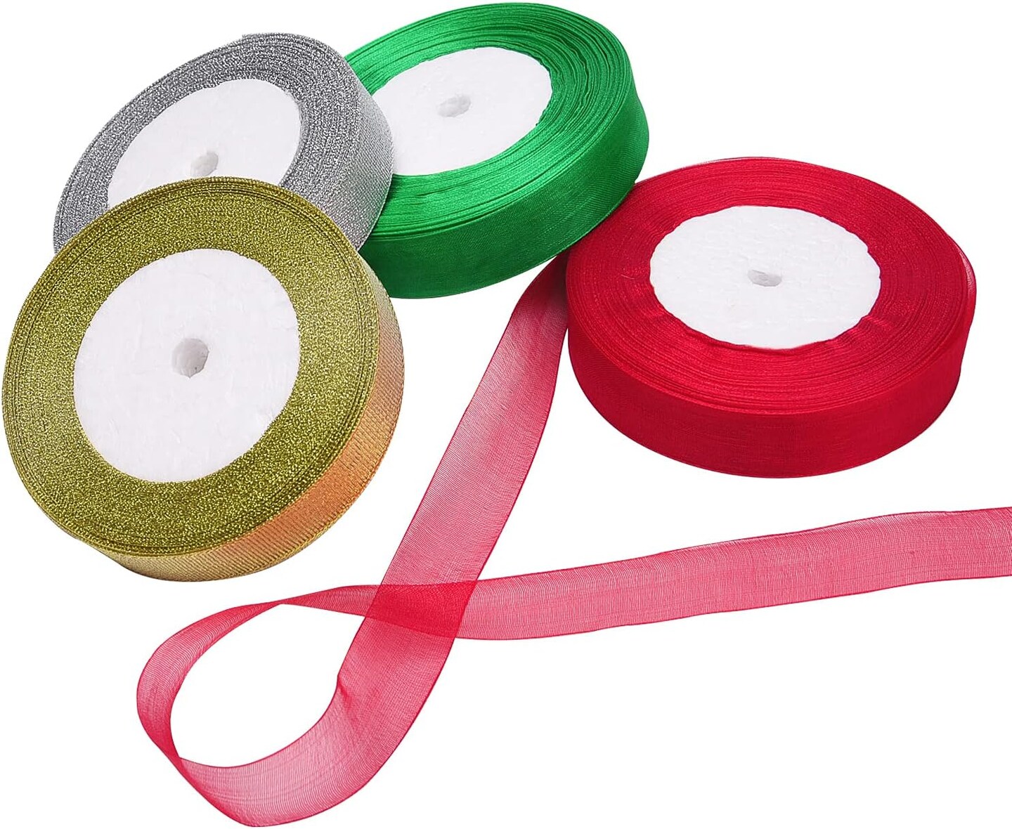 4 Rolls 4/5 Inch in Width Christmas Metallic Glitter Organza Ribbons Golden, Silvery, Red, Green Ribbon for Gift Wrapping, Christmas Tree Room Decoration