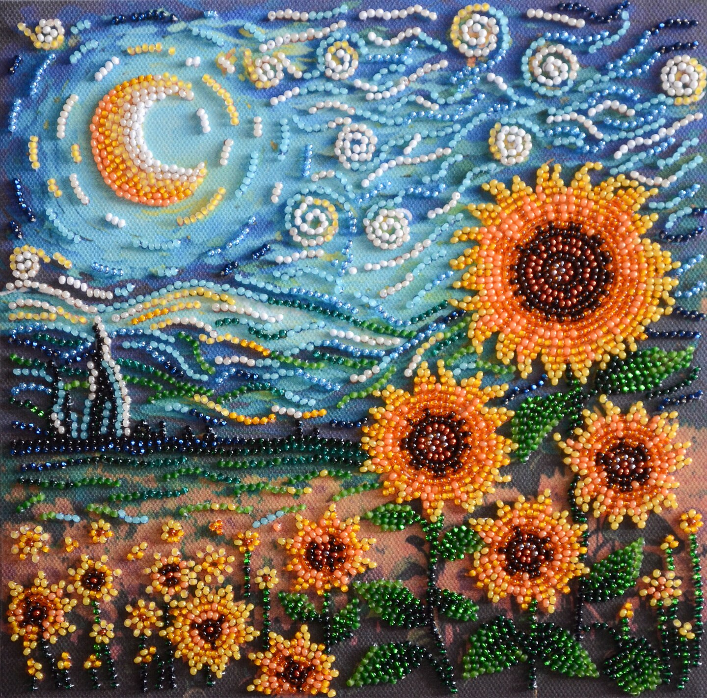 Bead embroidery kit - Sunflowers in night&#x27;s embrace