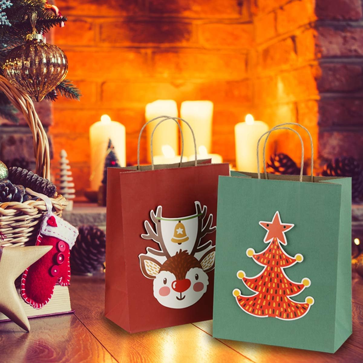 Kraft Paper Bags 25Pcs 5.25x3x8 Inches Small Paper Gift Bags with Handles Red Gift Bags with Stripes for Christmas Valentine&#x2018;s Day Party Favor