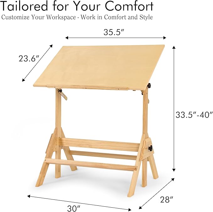 ARTIFY Extra Large Wood Drafting Table, Artist Drawing Table with Height Adjustable, Tilting Enlarge Tabletop, Studio Painting Table & Art Craft Desk for Writing, Nature