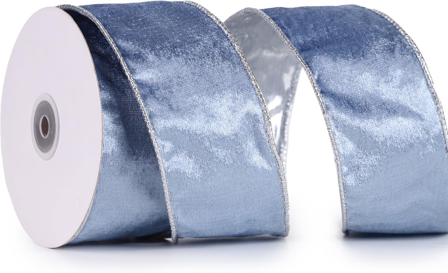 Dusty Blue Velvet Ribbon Wired 2.5&#x22; X 10 Yards Blue Christmas Ribbon with Silver Backside, Blue and Silver Wired Ribbon for Christmas Tree, Wreaths, Topper Bows, Crafts, Gift Wrapping