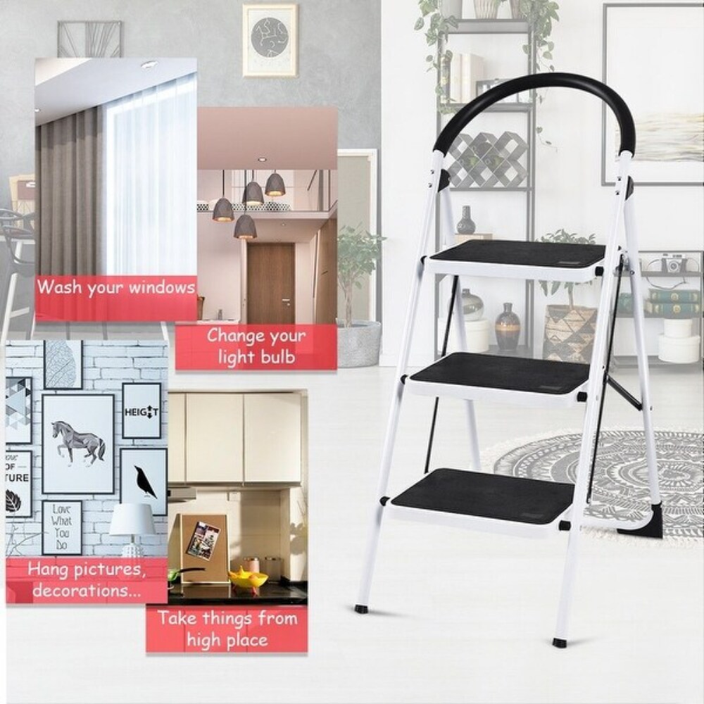 3-Step Space-Saving Foldable Ladder with Safety Rail and Wide Pedals Ideal for Home and Office