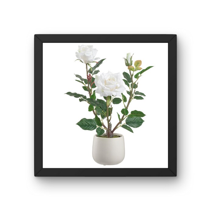 16.1&#x22; Artificial White Rose in Ceramic Vase | Elegant Faux Floral Table Decor