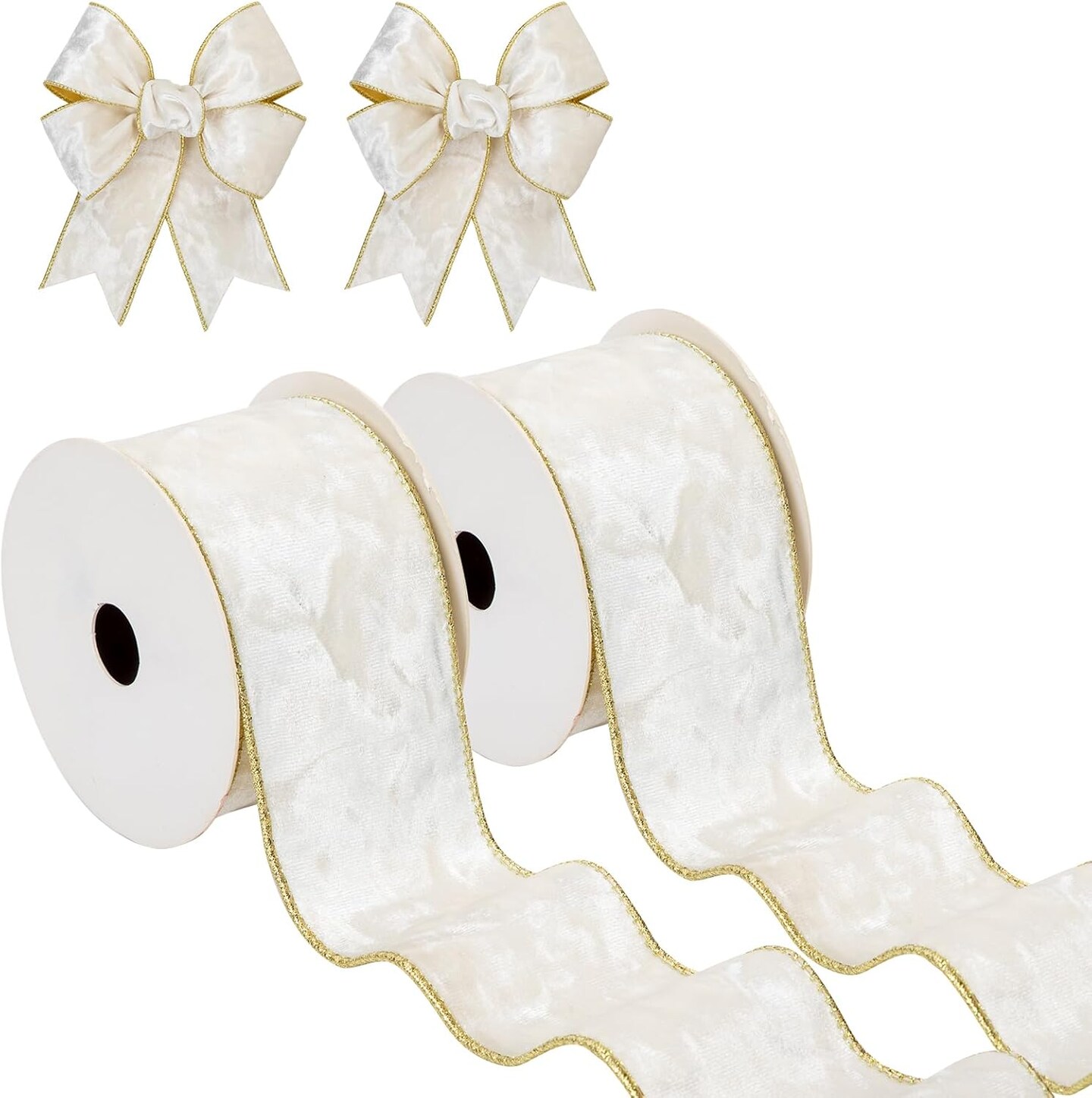 White and Gold Velvet Christmas Ribbon 2.5 Inch Christmas Tree Ribbon with Metallic Wired Edge Velvet Ribbon for Gift Wrapping Wreaths Garland Big Bow Crafts Supplies(2 Rolls, 20 Yards)