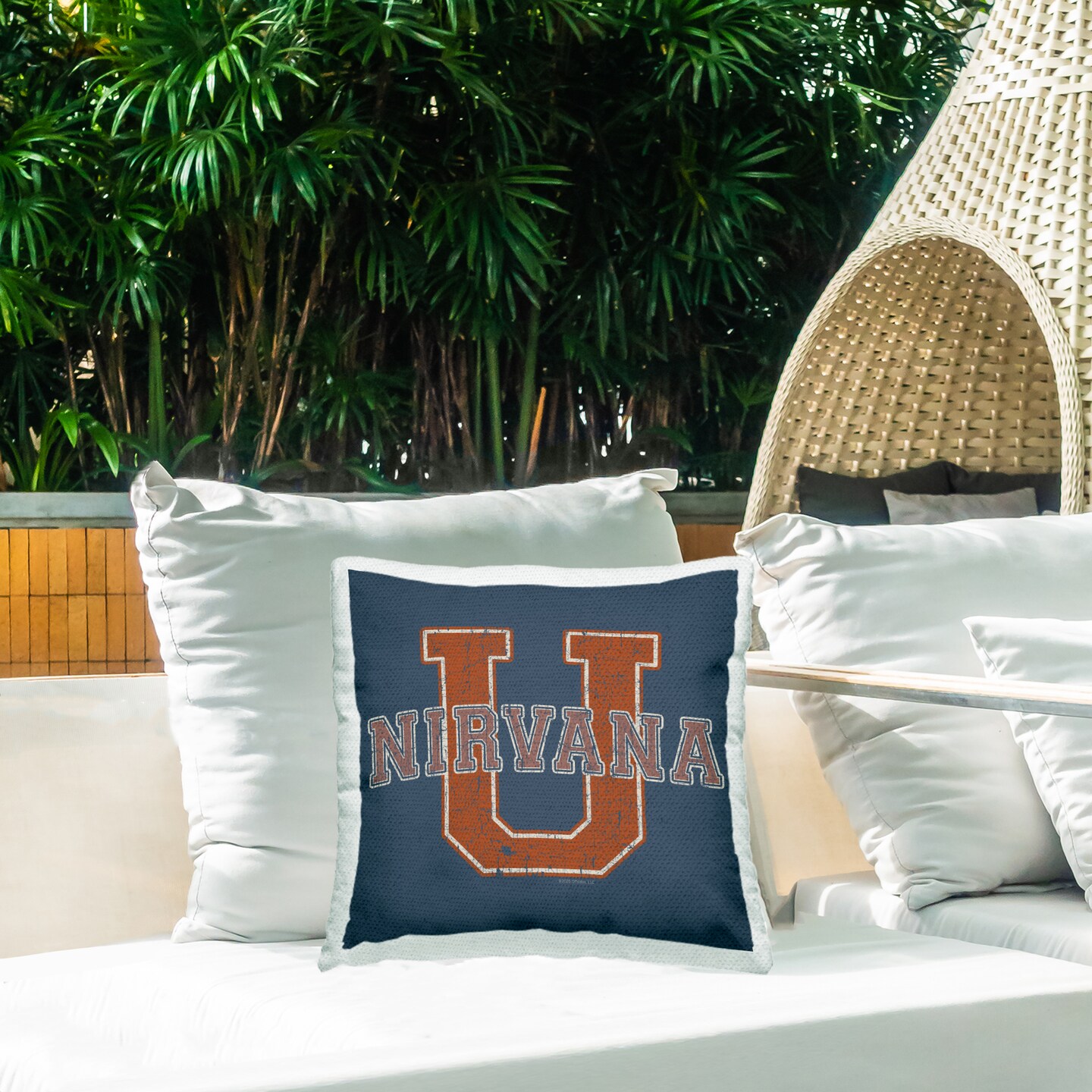 Nirvana U Varsity Style Outdoor Printed Pillow Design by Higher Learning/Life Is High, 18 x 7 x 18