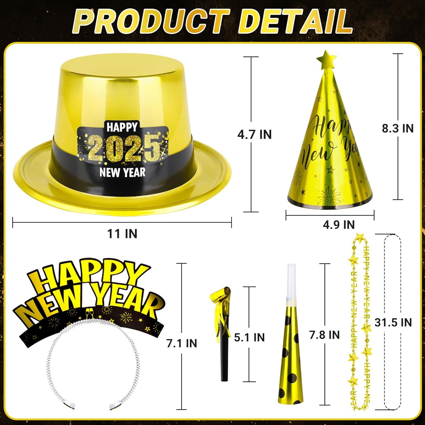 60PCS New Years Eve Party Favors, 24 Guests New Years Party Hats, 2025 New Years Eve Headband, New Year Party Supplies NYE Noise Makers Gold Silver Black Cone Hats Horns New Years Necklace Adults