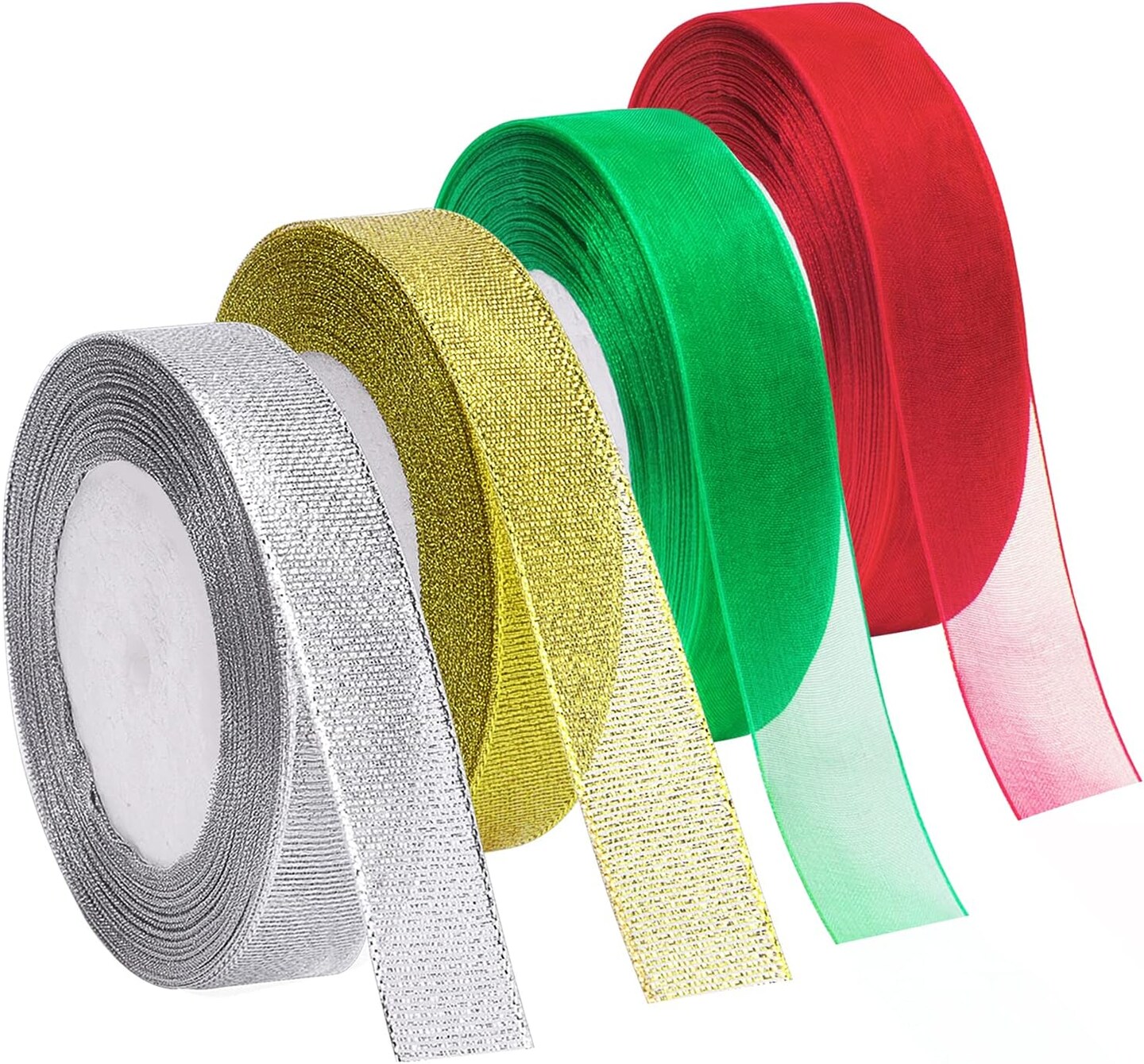 4 Rolls 4/5 Inch in Width Christmas Metallic Glitter Organza Ribbons Golden, Silvery, Red, Green Ribbon for Gift Wrapping, Christmas Tree Room Decoration