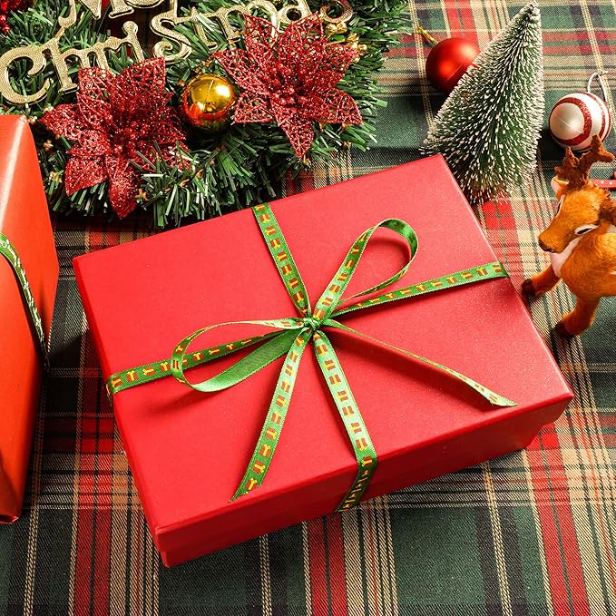 3/8 Inch Wide Printed Grosgrain Ribbon Metallic Glitter Holiday Festival Christmas Satin Ribbons for Gift Wrapping Crafts Xmas Decorations