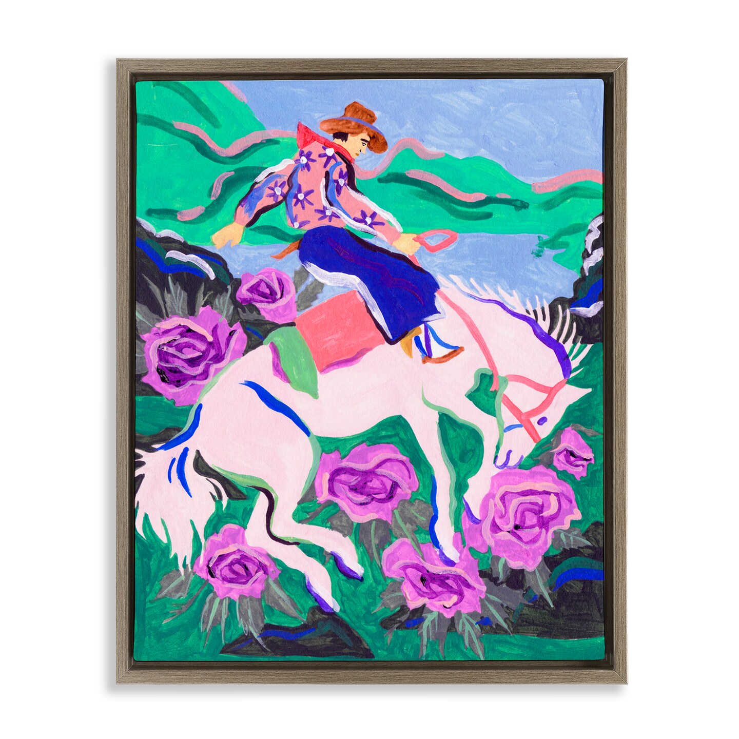 Stupell Industries Bold Hued Cowboy & Horse Framed Floater Canvas Wall Art Design by Tim OToole