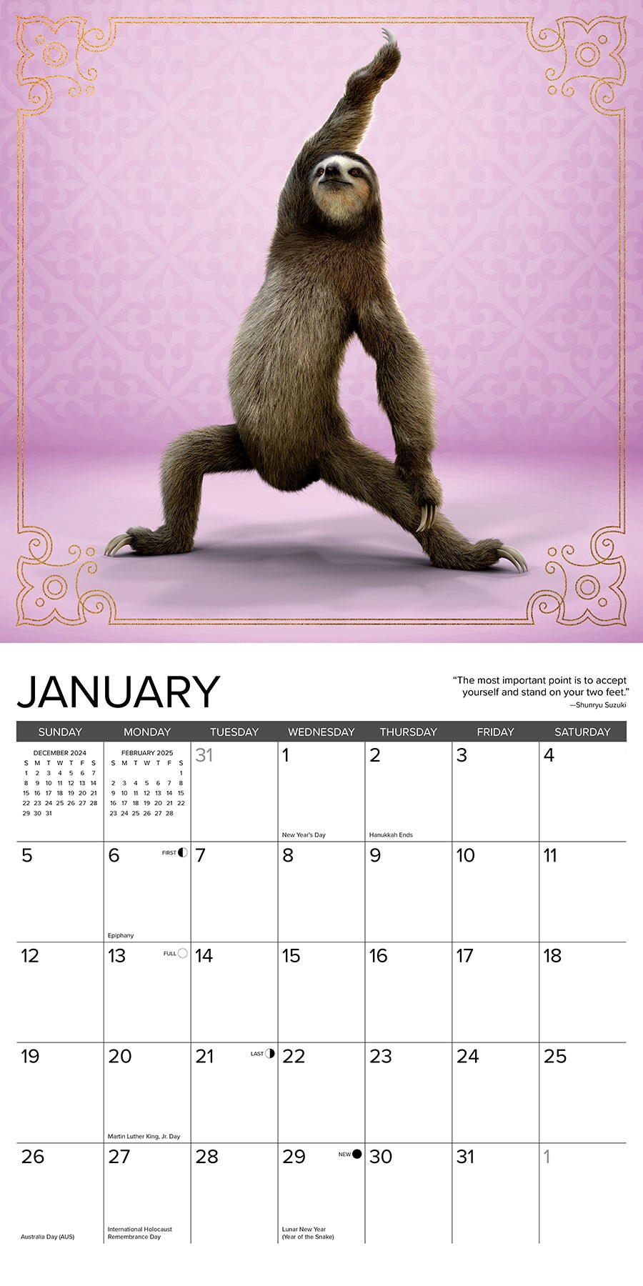 Sloth Yoga 2025 Wall Calendar
