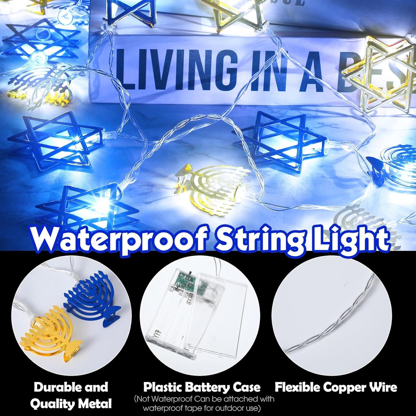 Hanukkah String Lights, 10 Feet 20 LED Battery Operated Star of David String Lights Indoor Chanukah Decoration for Menorah Jewish Judaism Passover Rosh Hashana Party Decor