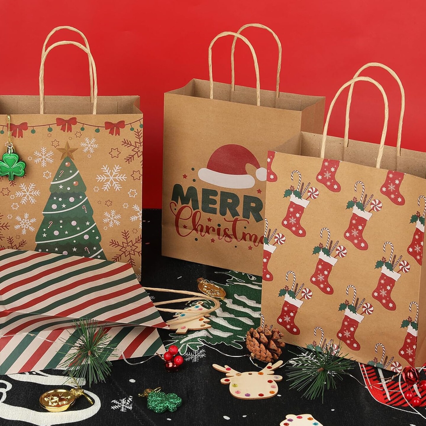 28 Pack Christmas Kraft Gift Bags with Handles, 9x7.5x3.5 Christmas Gift Bags, Christmas Goody Bags for Christmas Holidays Party Favors and Presents
