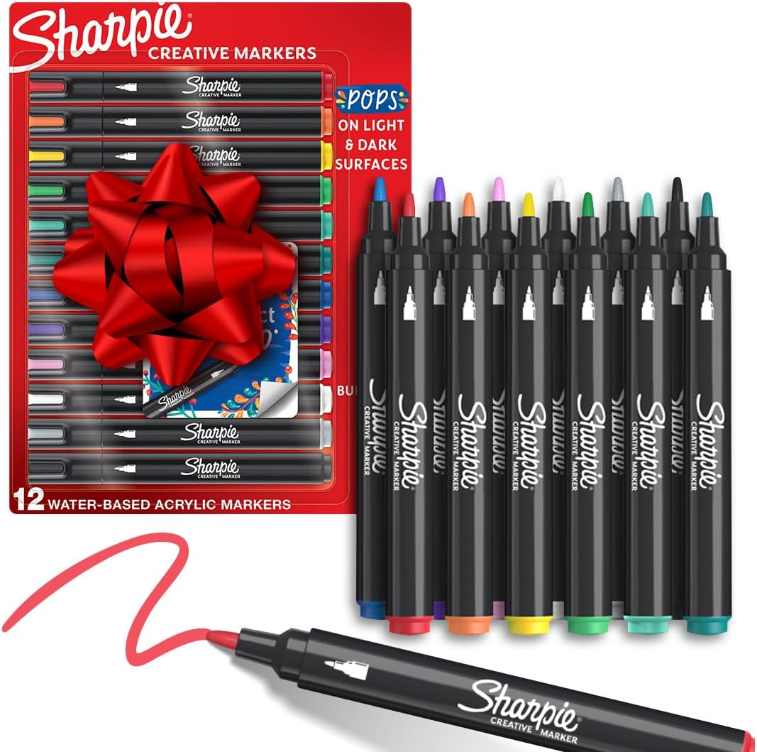 Sharpie Acrylic Creative Markers, Bullet Tip, Vibrant Assorted Colors, Non-Bleeding Water-Based Ink, Pack of 12