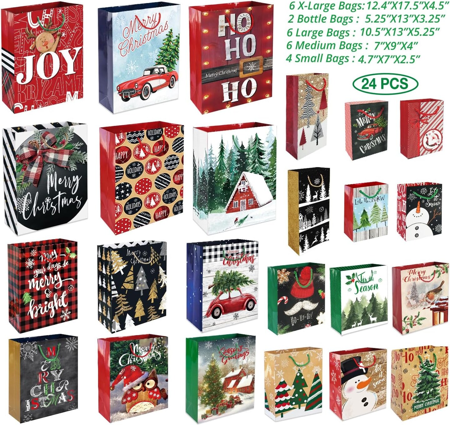 24 Christmas Gift Paper Bags Bulk with handles and 60 Count Christmas Gift Tags-Assorted sizes set for Wrapping Xmas Holiday Presents(6 Jumbo,6 Large,6 Medium,4 Small,2 Wine)