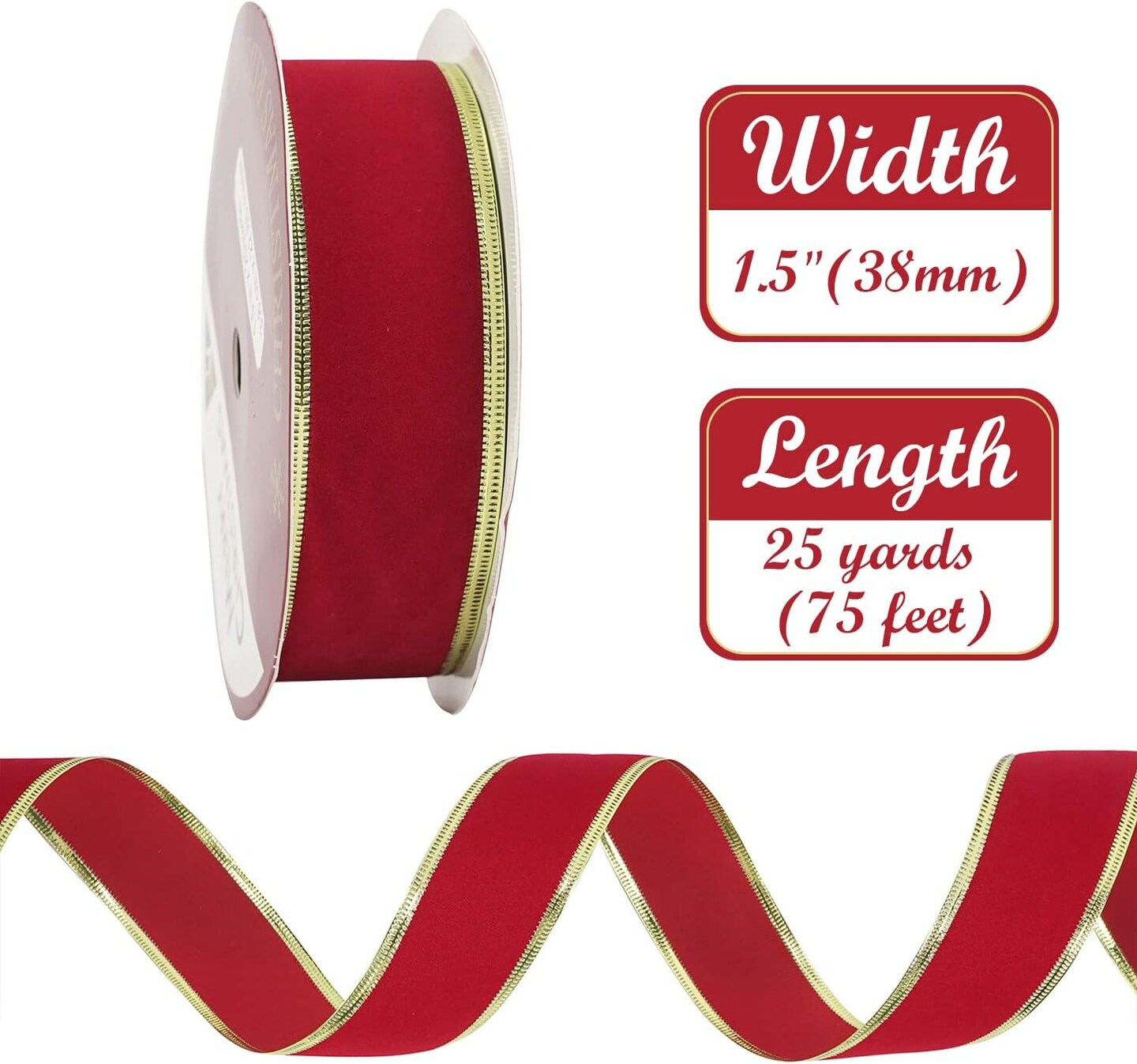 Red Velvet Ribbon 1.5 Inch Red Christmas Ribbon Wired Velvet Wired Ribbon with Gold Trim Red and Gold Ribbon for Christmas Tree Decorations Topper Bows Holiday Gift Wrap - 25 Yards