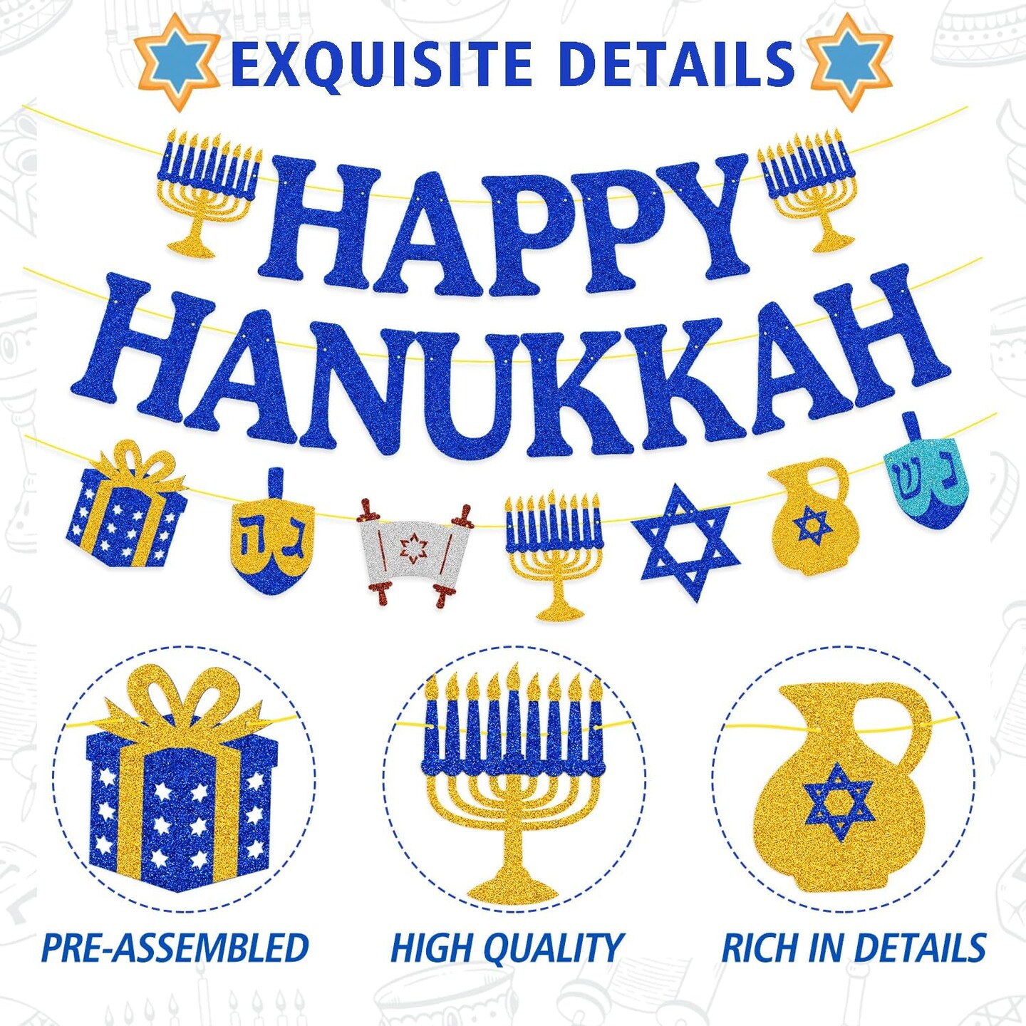 Happy Hanukkah Banner Chanukah Hanukkah Holiday Theme Garland Chanukah Festival Party Decorations Glitter Blue Jewish Christmas Party Supplies