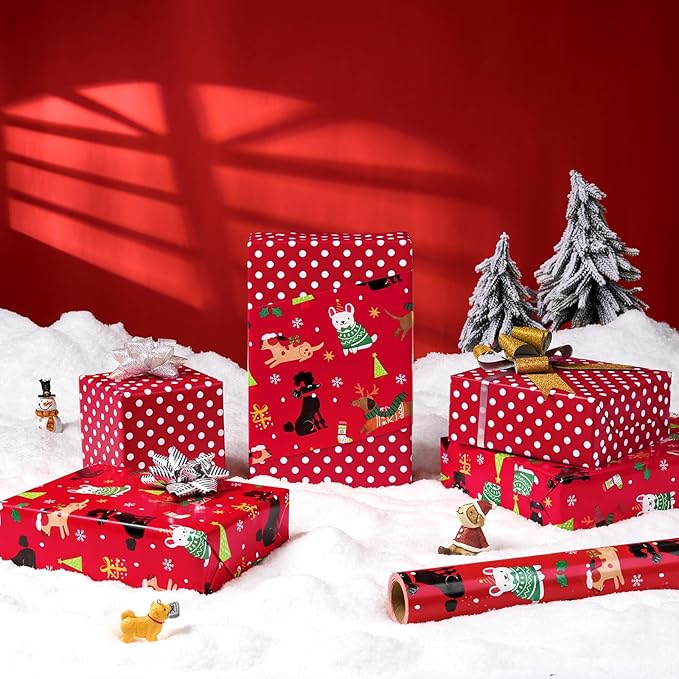1 Roll 17” x 33 ft Puppy Red Kids Christmas Wrapping Paper Birthday Party Gift Funny Christmas Wrap Decoration Polka Dot