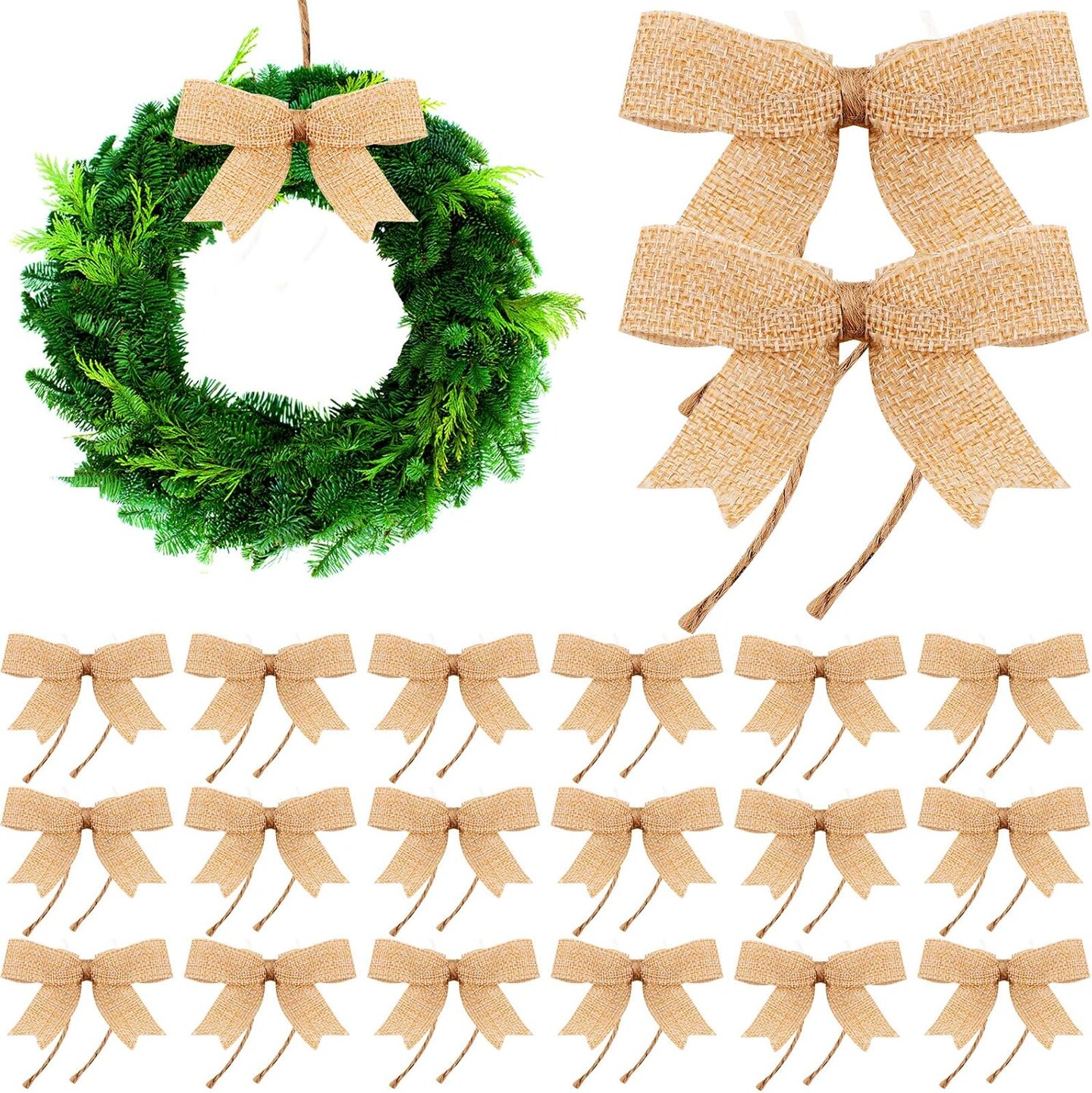 24 Pieces Burlap Bows Decorative Christmas Bows Knot Ornament Bows Small Linen Handmade Wreath Bow for Christmas Tree Decoration Festival Holiday Party Package Supplies, 3 Inch
