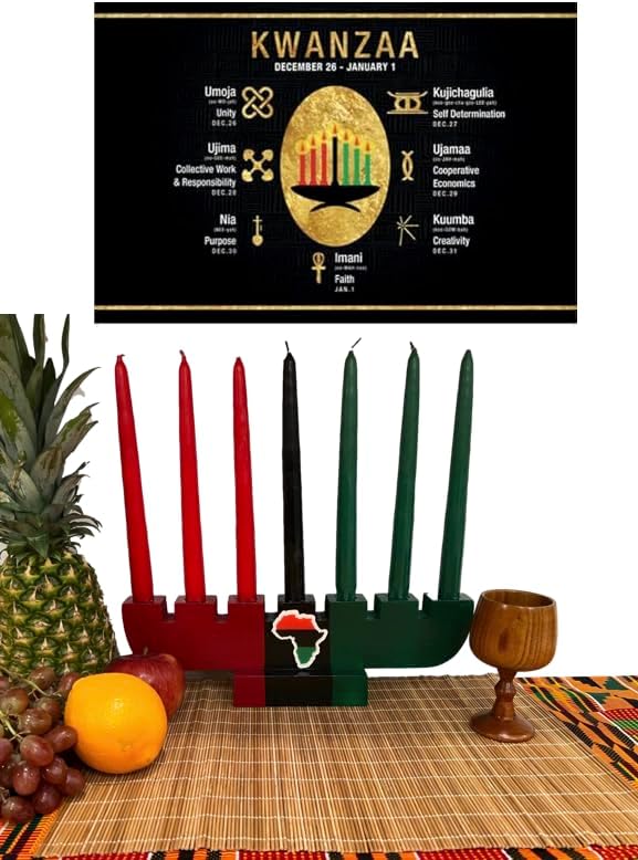 Colors of Africa Kwanzaa Kinara Candle Set with Kwanzaa Poster, Kwanzaa Set, Kinara,Wood Kinara, 7 Candles, Unity Cup, Bamboo Mat, Kwanzaa Celebration Decoration, African American Holiday Artwork