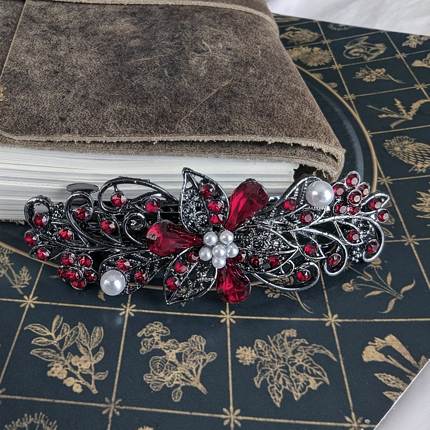 Vintage Floral Barrette for Thick Hair: Red Siam Swarovski  display picture 3