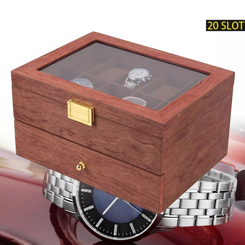 20-Slot Wooden Watches Storage Box Jewelry Organizer Case Glass Top with Drawer