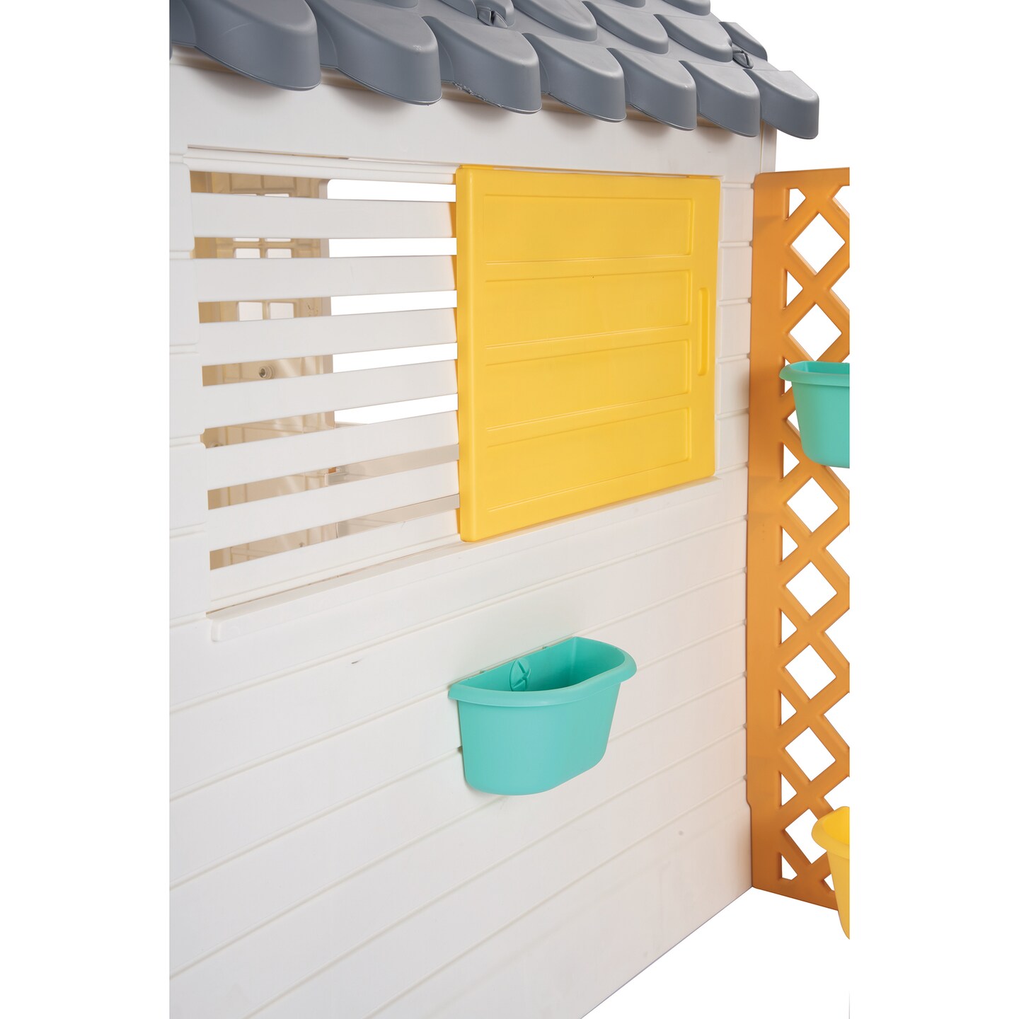 Dolu: Garden Playhouse With Fence - White-Grey-Yellow - Outdoor-Indoor Toy, Chalkboard Door, Durable Charming Design, Easy Assembly, Kids-Toddlers 2+
