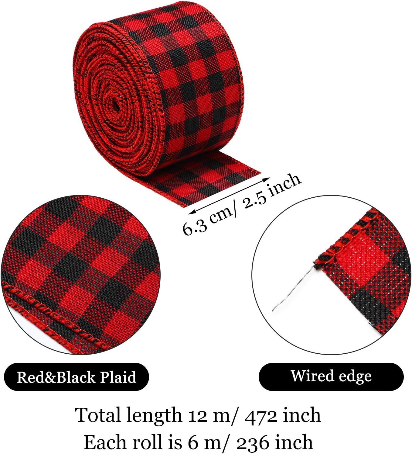 2 Rolls 2.5 Inch Wide Red Black Buffalo Plaid Ribbon Christmas Wrapping Ribbon Wired Edge Burlap Check Ribbon Gingham for Christmas Wreath Tree Gift, 39.3 ft