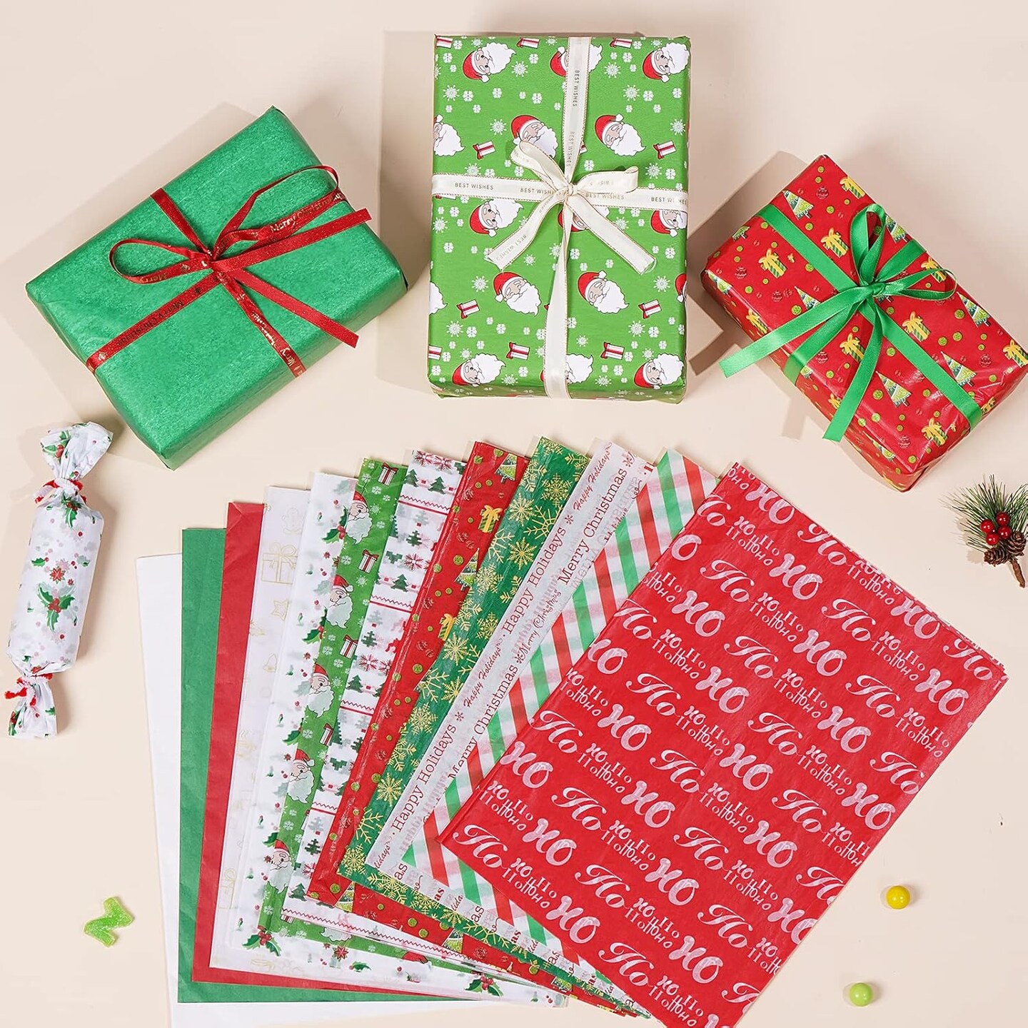 Christmas Tissue Paper, 180 Sheets 19.7&#x22; x 19.7&#x22; Xmas Wrapping Paper in 12 Different Designs Christmas Series Tissue Paper Bulk for Gift Wrapping Wine Bottles DIY Crafts Decor