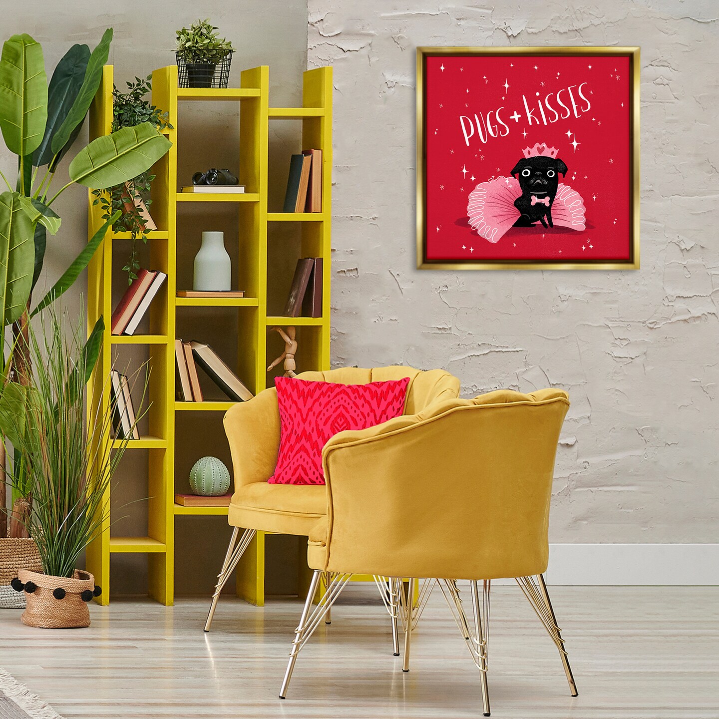 Stupell Industries Pugs &#x26; Kisses on Red Framed Floater Canvas Wall Art Design by Leeza Hernandez