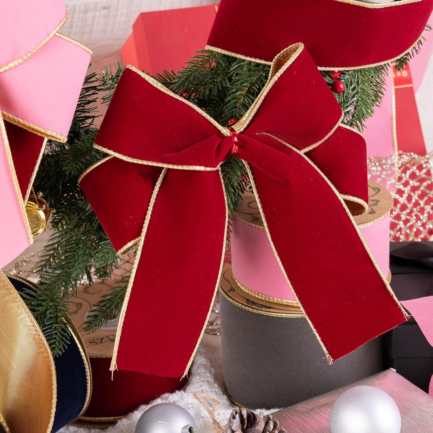 Dark Red Velvet Christmas Wired Ribbon 2.5 inch Wide*10Y Red and Gold Double Sided Velvet Ribbon for Christmas Tree Wreaths Gift Wrapping Bows Gralands Home Decor Crafts (red 2.5)