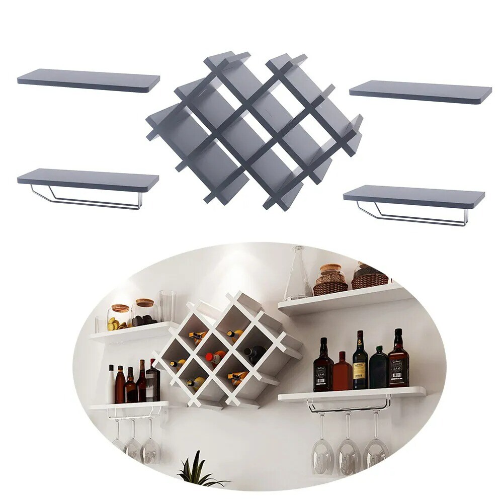 Black Modern Wall Mounted Wine Rack Bottle Glass Storage Holder Shelf Home Decor
