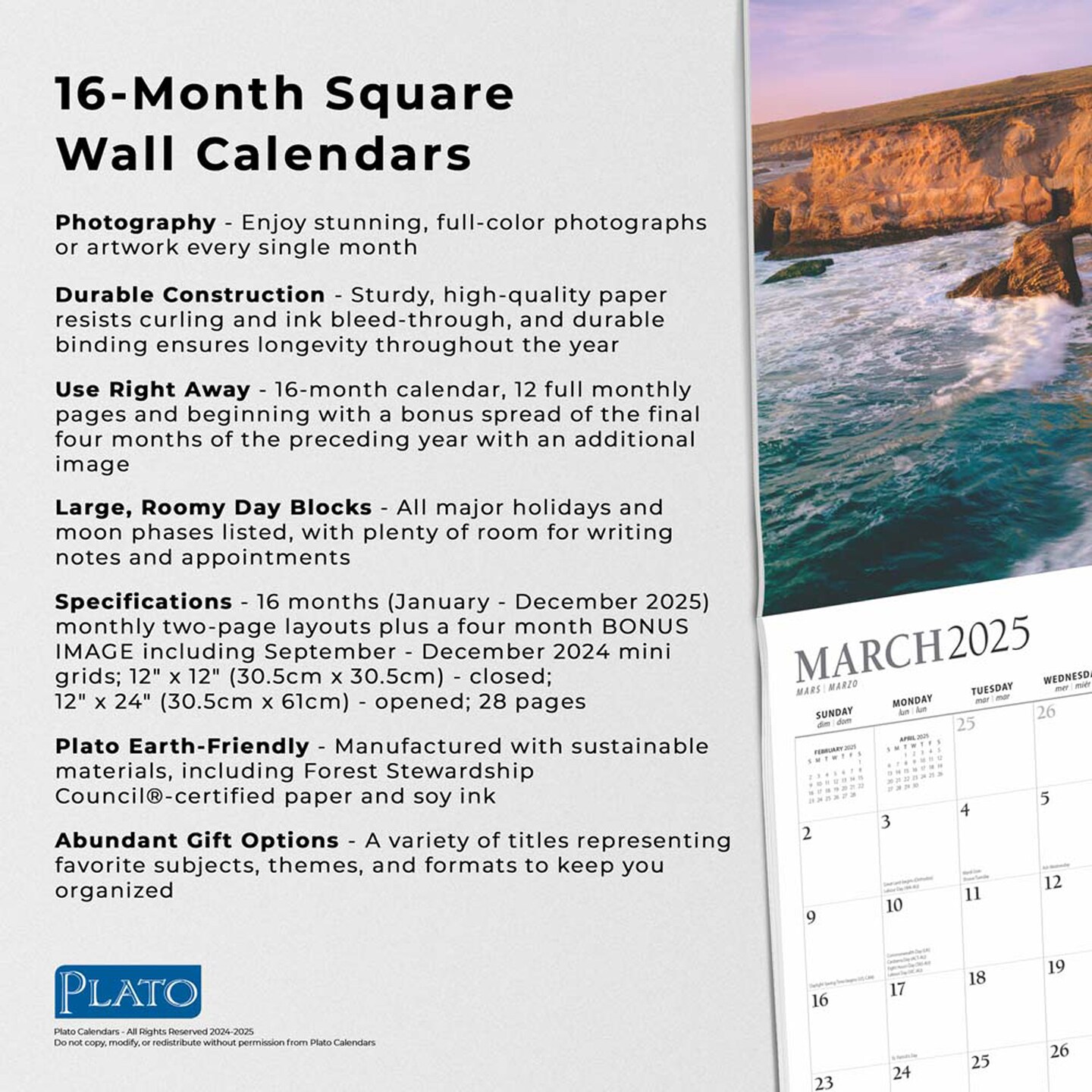 By the Sea | 2025 12 x 24 Inch Monthly Square Wall Calendar | Foil Stamped Cover | Plato | Waves Sun Clear Blue Sky