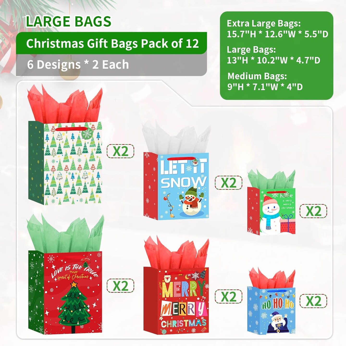 12 Pack Christmas Gift Bags with Carrying Handles and Tissue Paper - 6 Styles, 3 Different Sizes Gift Bag Sets for Wrapping Christmas Gifts (4 Extra-Large, 4 Large, and 4 Medium)