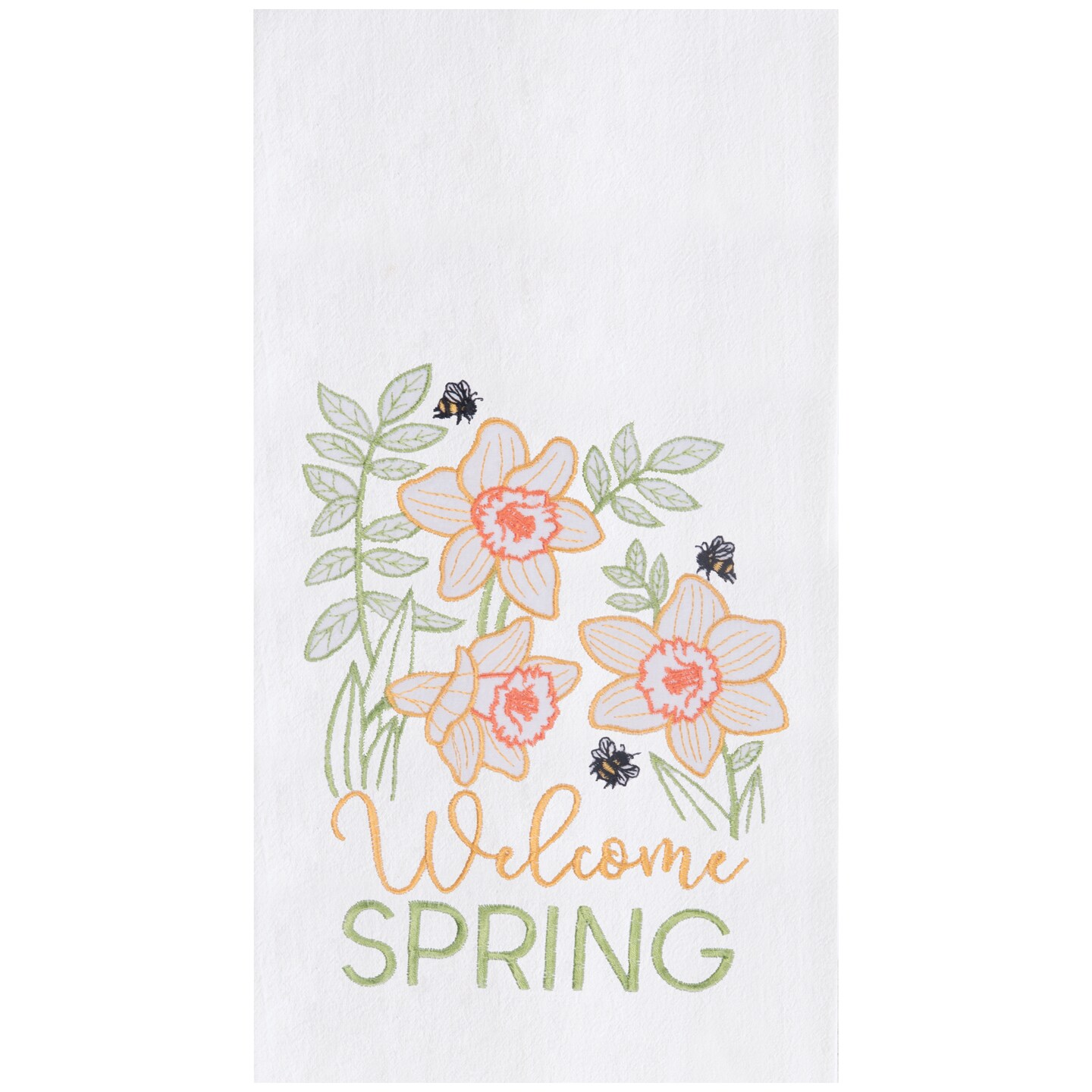 &#x22;Welcome Spring&#x22; Daffodil Floral Flowers Design Embroidered Cotton Flour Sack Cotton Kitchen Dishtowel