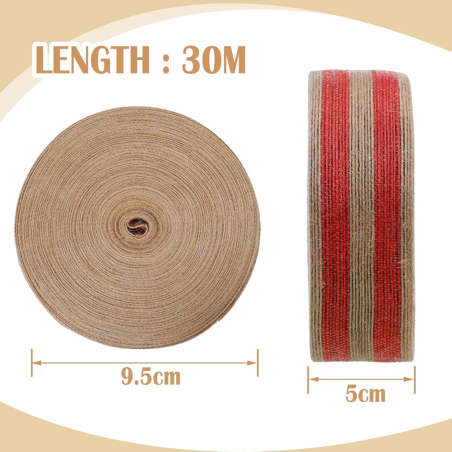 98.4 Ft Christmas Burlap Ribbon Roll Red Burlap Ribbon Gunny Sack Natural Burlap Stripe Ribbon Linen Rope Ribbon for DIY Craft Wreath Christmas Tree Decoration Wedding Party Supplies (2 Inch Wide)