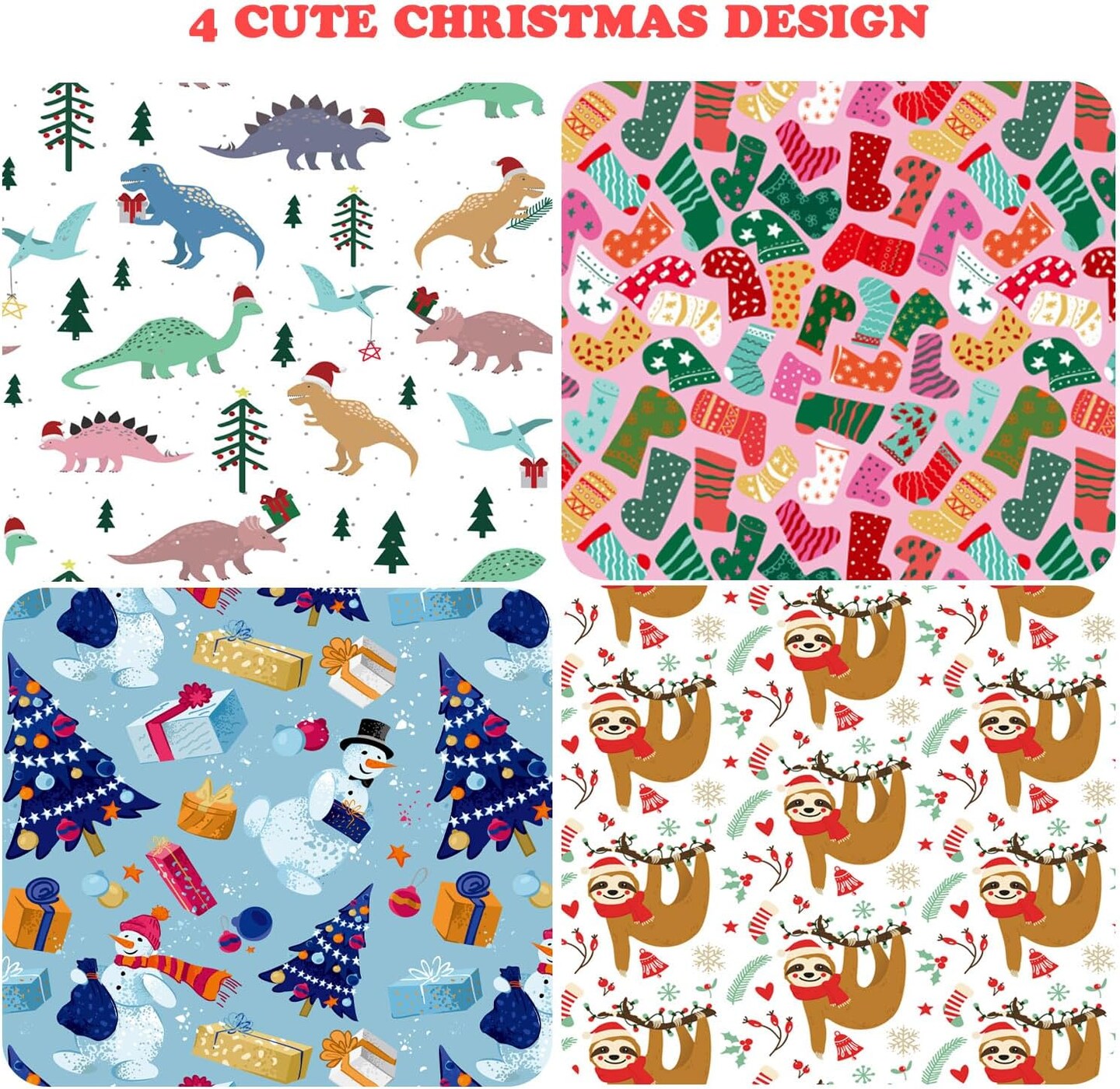 Christmas Wrapping Paper for Kids Boys Girls Baby Women Men - 12 Sheets Xmas Gift Wrap 4 Cartoon Designs Dinosaur, Sloths, Snowmen, Socks - Folded Flat, 20 Inch X 29 Inch Per Sheet