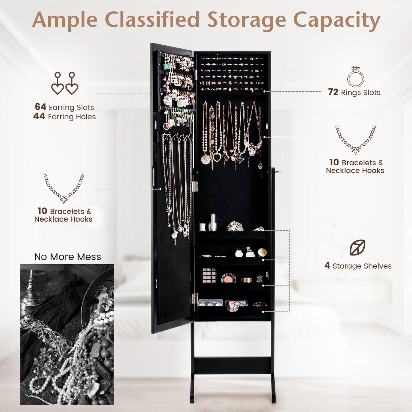 Costway Jewelry Mirrored Cabinet Armoire Organizer Storage Box with Stand Christmas Gift Black/White/Coffee/Brown