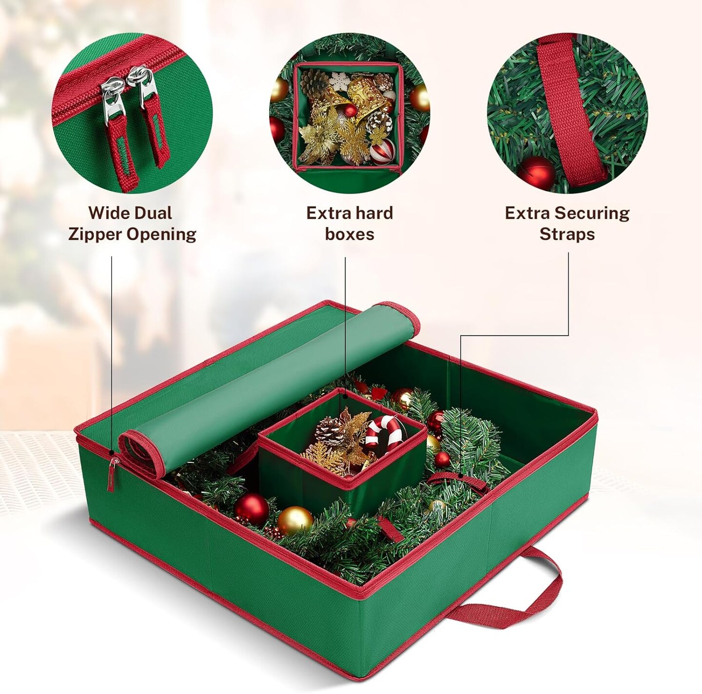 Christmas Wreath Storage Container 24 inch, Hard Shell Wreath Storage Bag with Inner Pocket, Sturdy Handles and Zippers, 600D Oxford Holiday Ornament Wreath Storage Box (GREEN, 1pc)