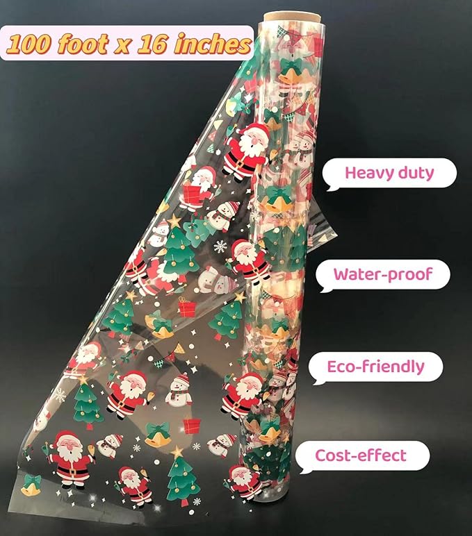Xmas Cellophane Wrap for Christmas to Wrap Gift Basket, Treat, Wine, Party Decoration. (100ft Long x 16&#x201D; Wide x 2.5Mil)