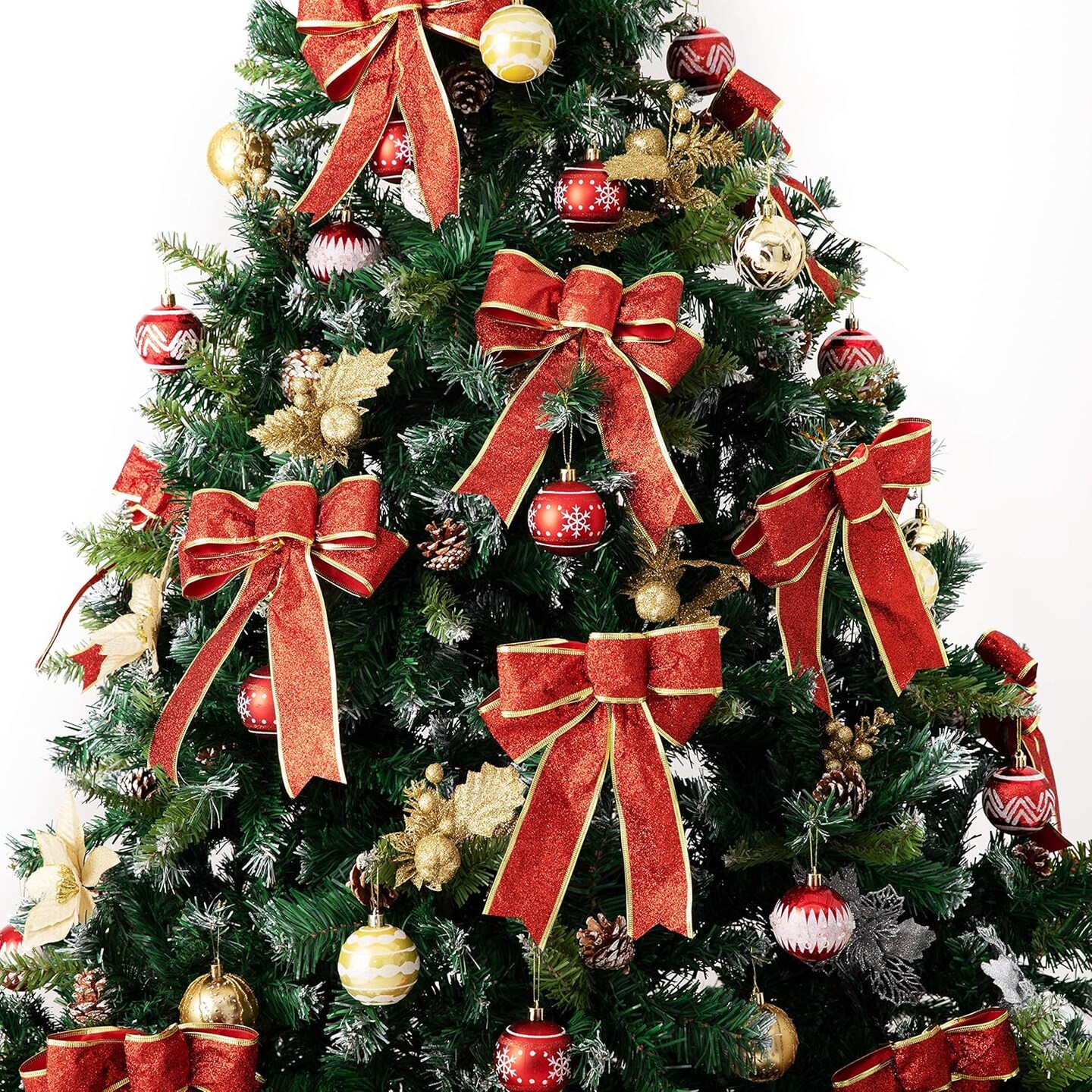 12 Pieces Glitter Christmas Bows Christmas Wreath Bow Christmas Tree Ornaments Bows for Christmas Party Decoration (Gold &#x26; Red New)
