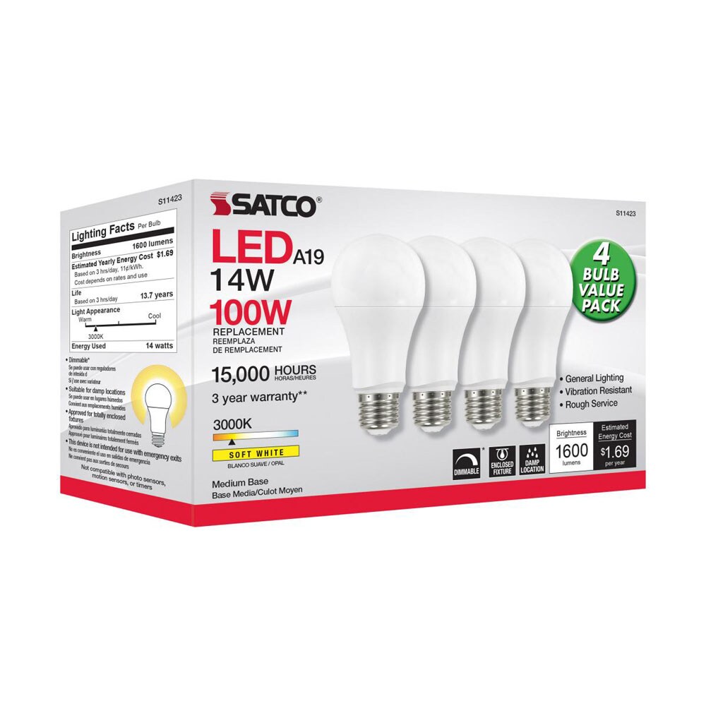 4Pk - Satco 14w 120v A19 LED E26 Base 1600L 3000k Soft White - 100W Equiv