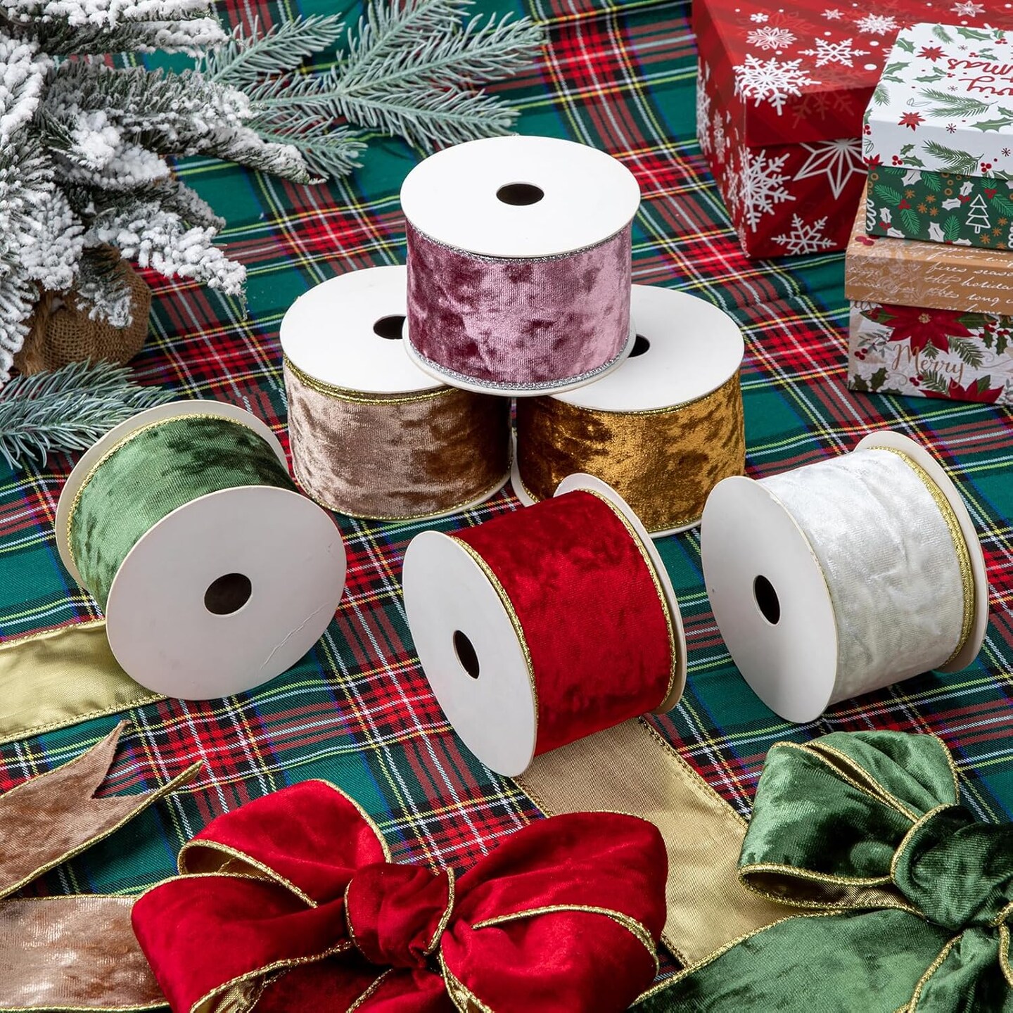 White and Gold Velvet Christmas Ribbon 2.5 Inch Christmas Tree Ribbon with Metallic Wired Edge Velvet Ribbon for Gift Wrapping Wreaths Garland Big Bow Crafts Supplies(2 Rolls, 20 Yards)