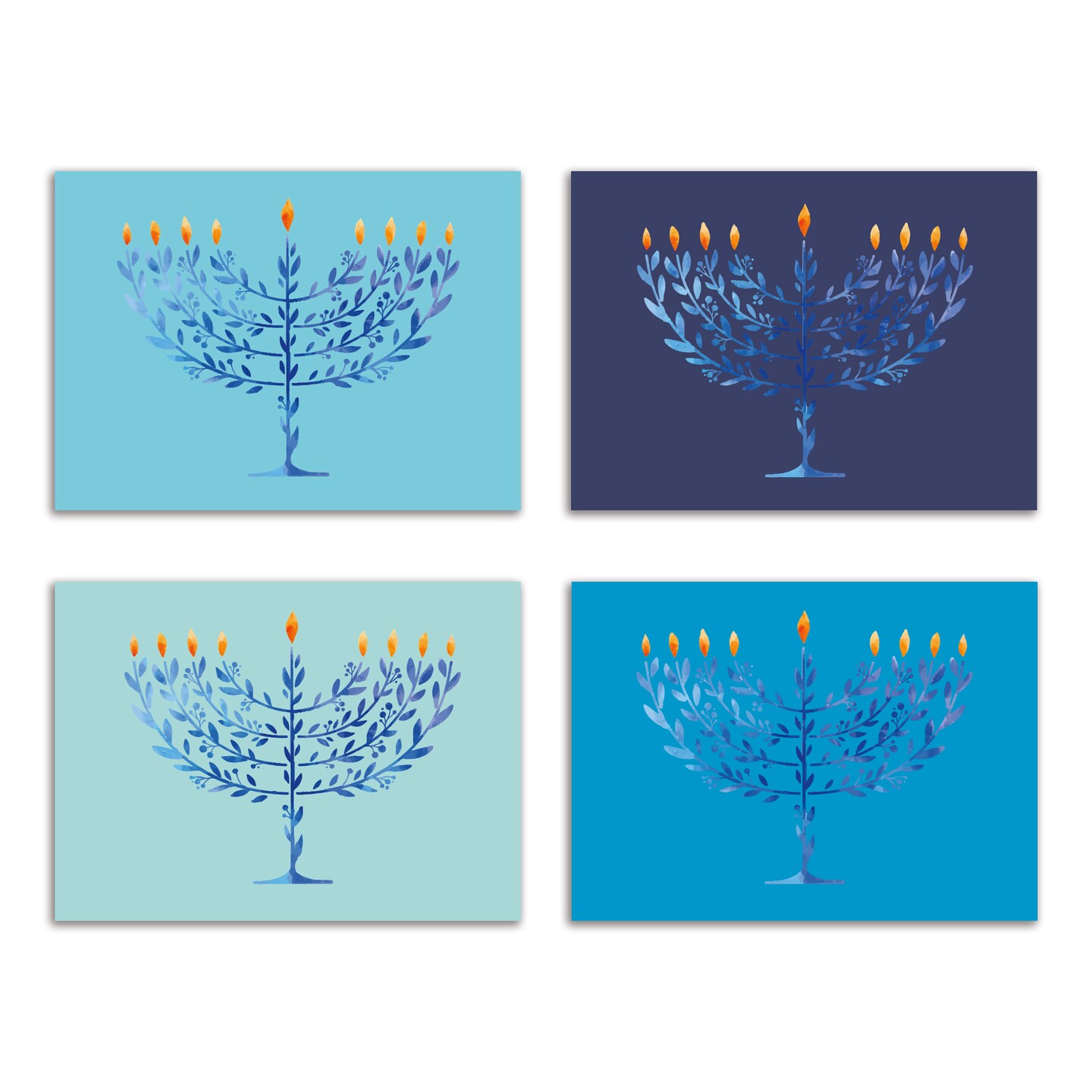 Elegant Hanukkah Greeting Cards Boxed Set – 24 Holiday Notecards Featuring Menorah Tree Designs in Blue Tones, Perfect for Thoughtful Festive Wishes